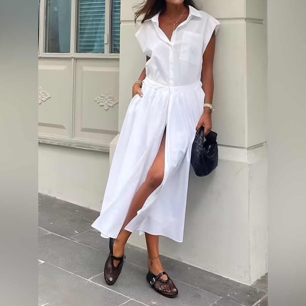 Commense Cotton Blends Sleeveless Split Midi Dress small White casual career